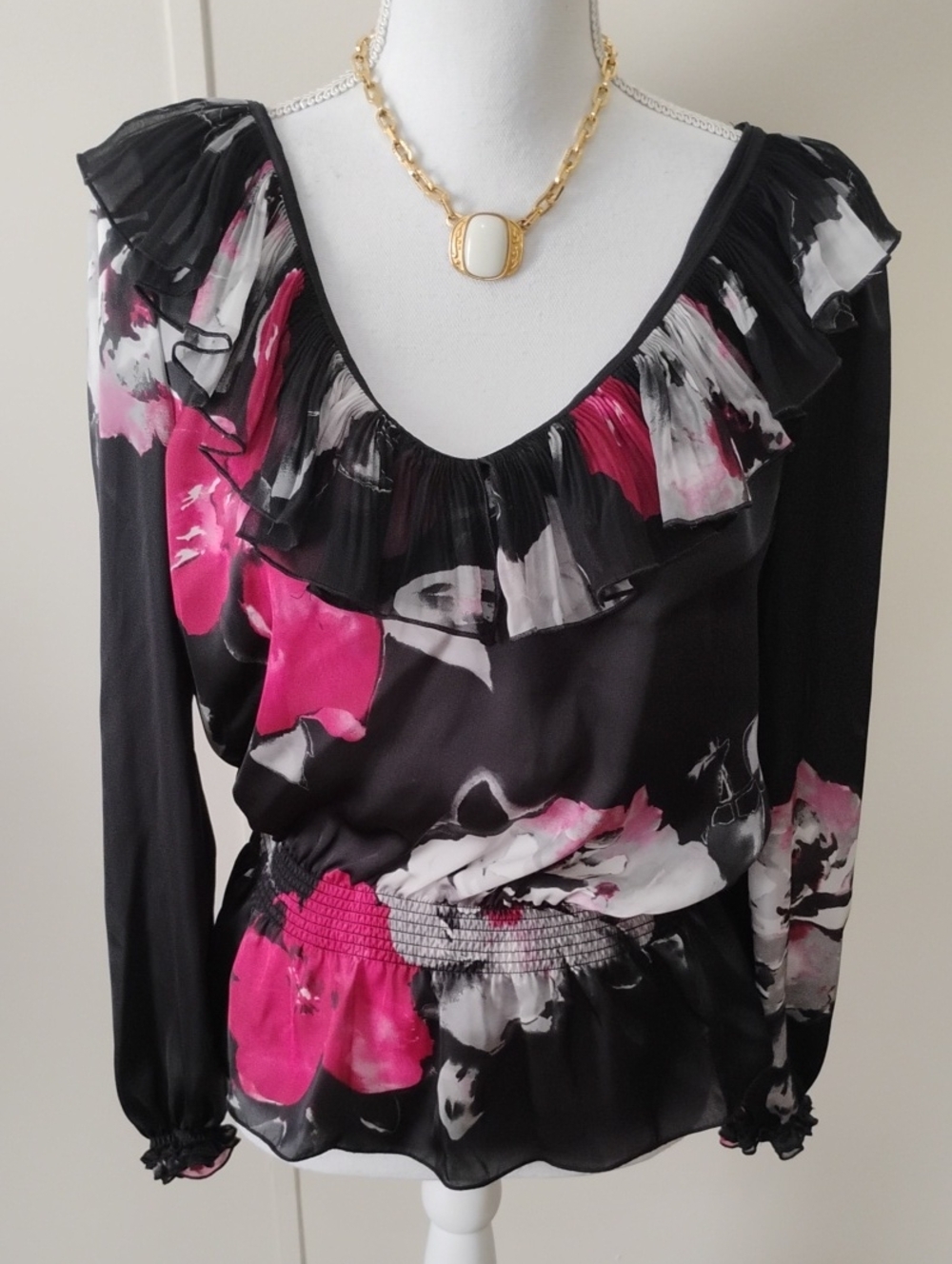 White House Black Market Black Blouse with Pink & White Floral Ruffle